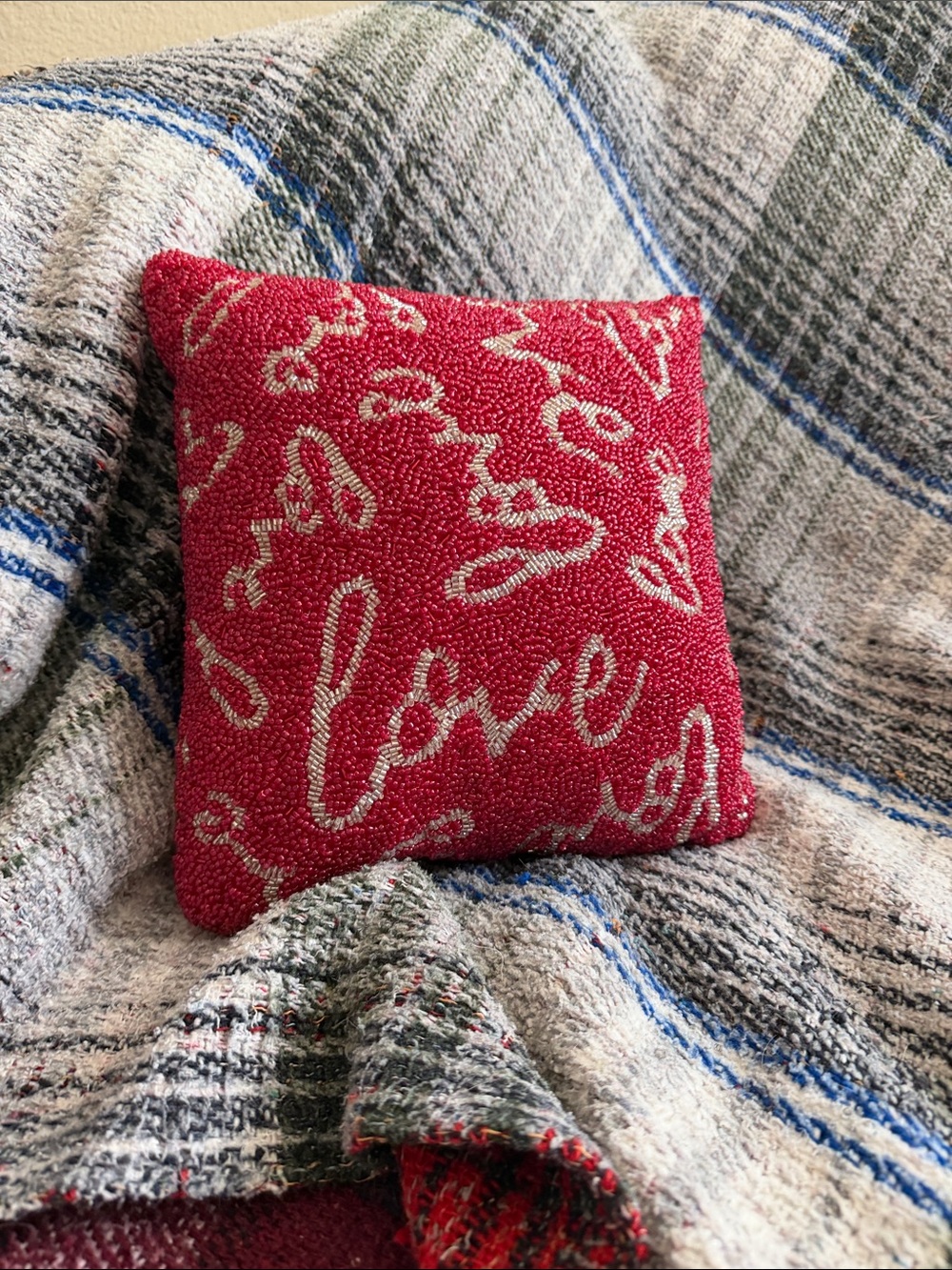 Festive Red 'Love' Beaded Holiday Pillow -